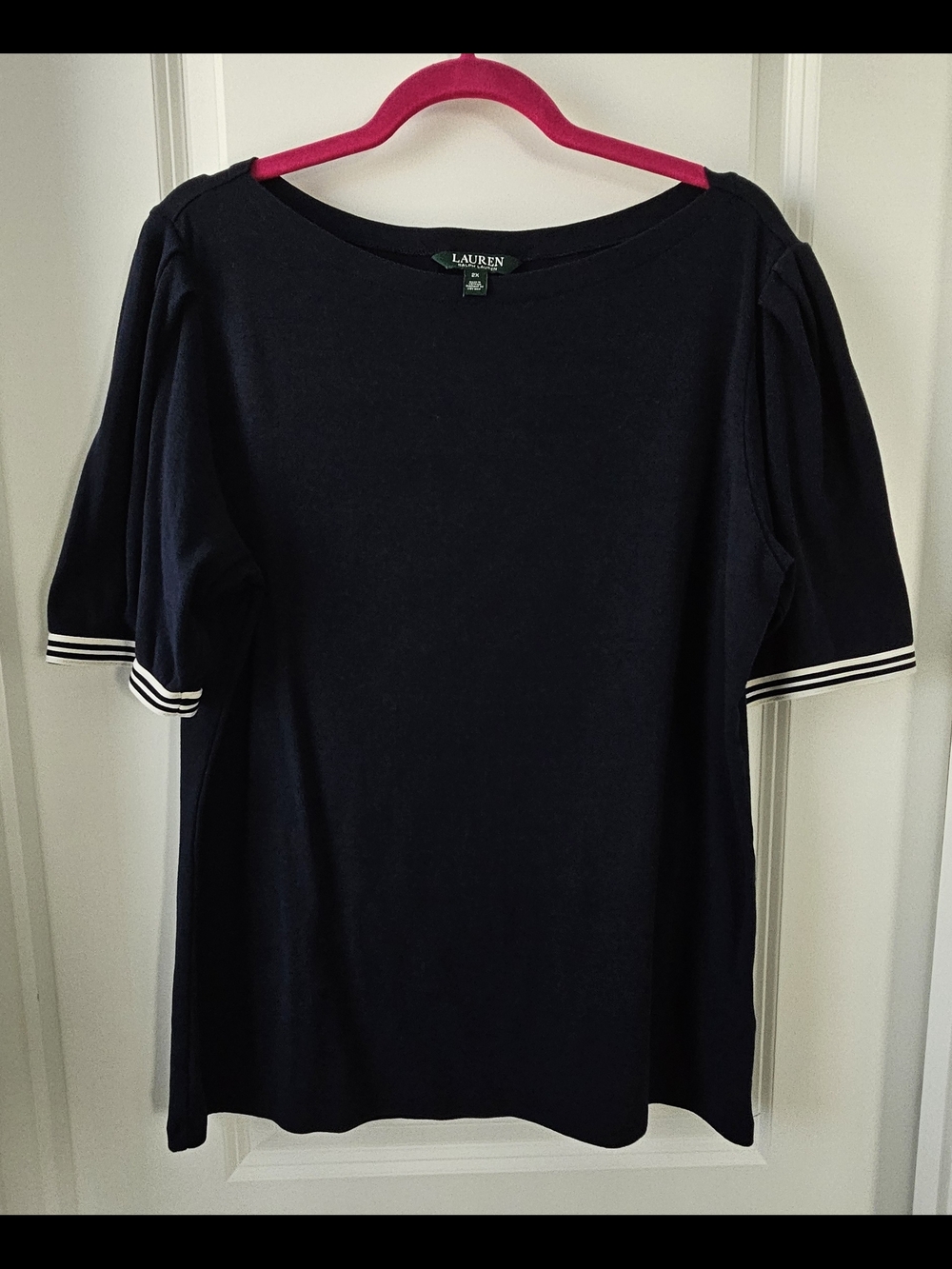 Lauren Ralph Lauren Navy Short Sleeve Boatneck Top with Striped Cuffs